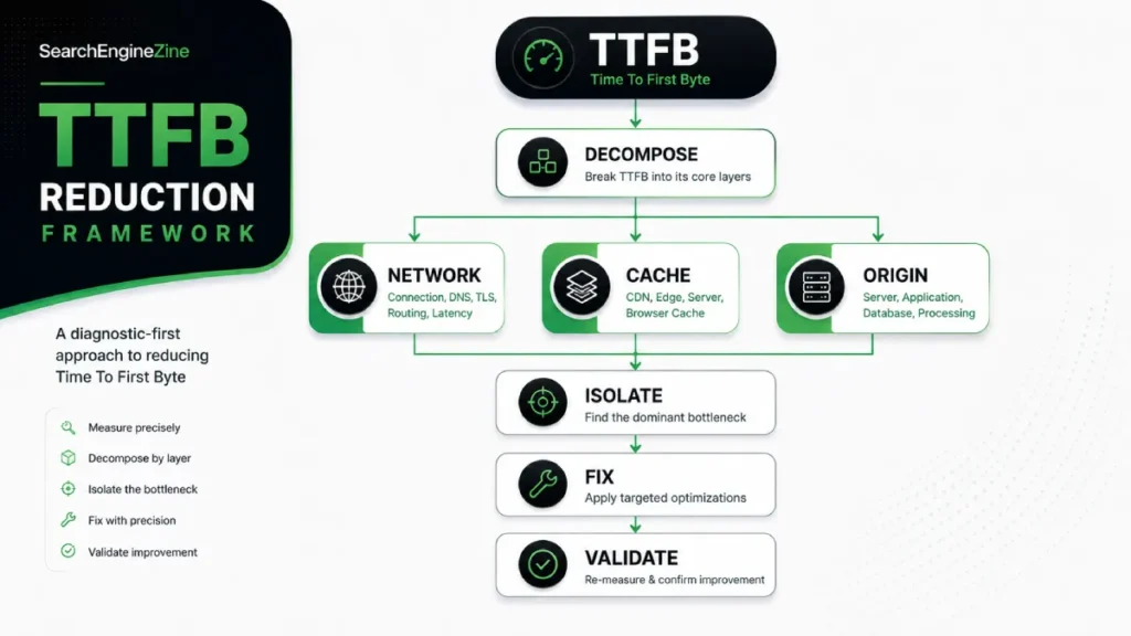 TTFB diagnostic framework separating network, cache, and origin latency before optimization
