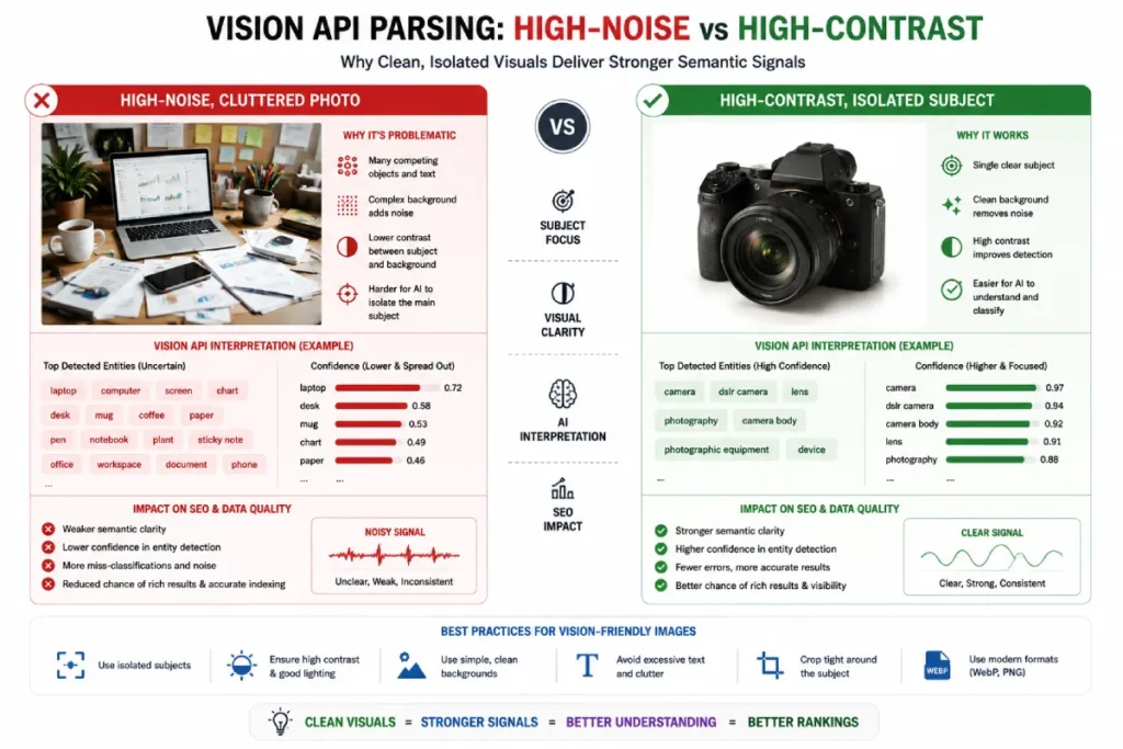 Diagram showing subject isolation and background clutter comparison for Google Lens optimization.