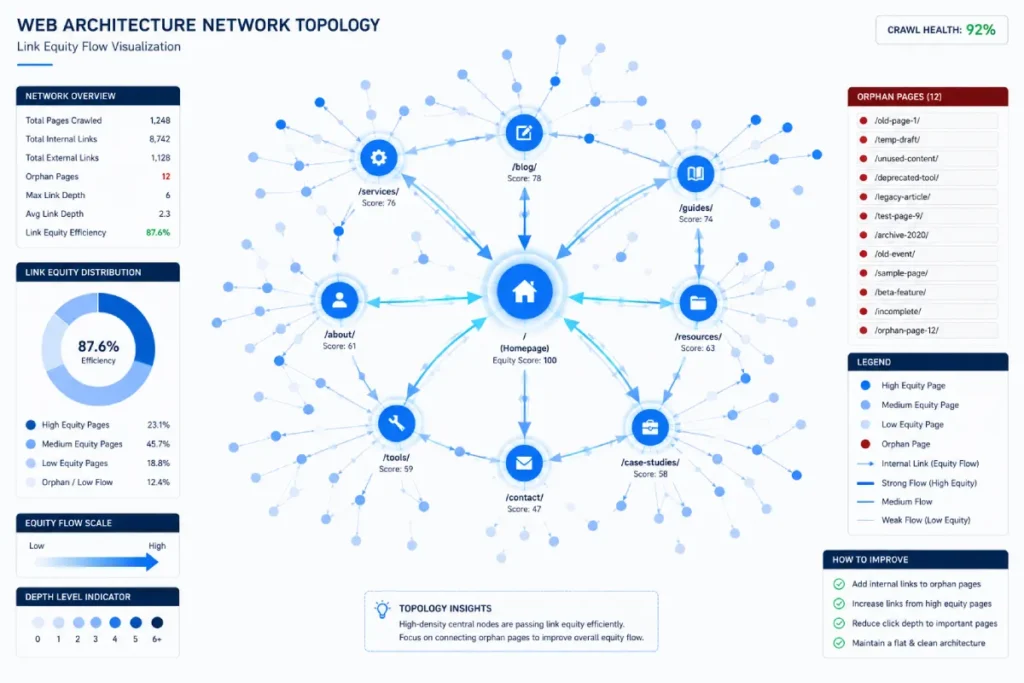 NetworkX directed graph topology mapping high-density central nodes and directional internal link equity flow.