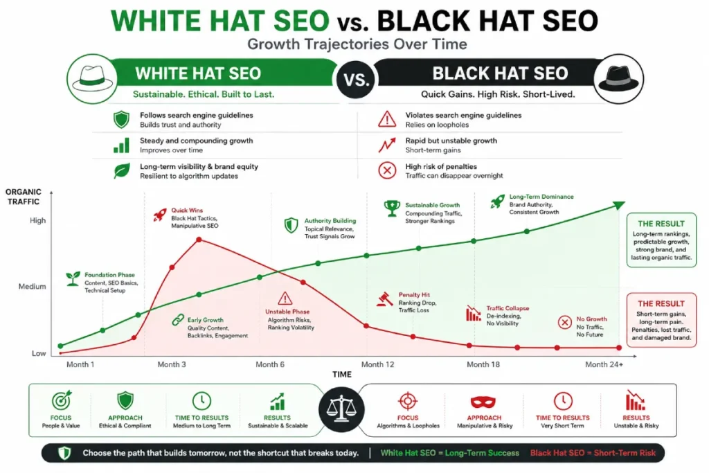 Comparison chart showing compounding traffic growth of white hat SEO versus temporary spikes and penalties of black hat SEO.