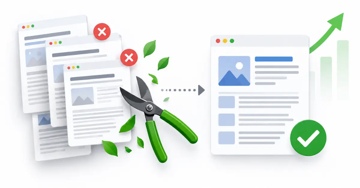 Cannibalization Pruning workflow by merging overlapping SEO pages