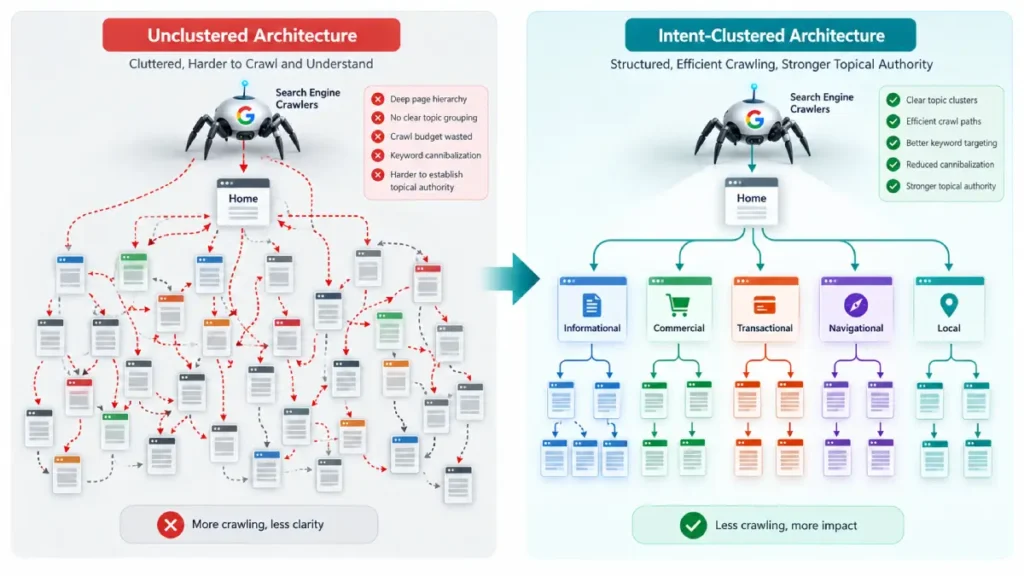 Consolidating crawl budget via intent clustering.