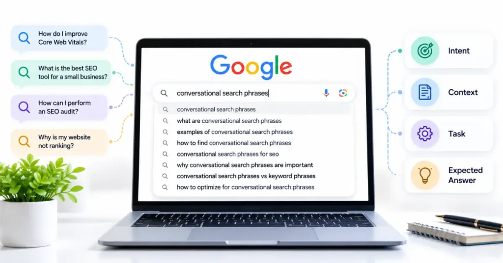 Conversational search phrases showing how a short SEO keyword expands into a context-rich question