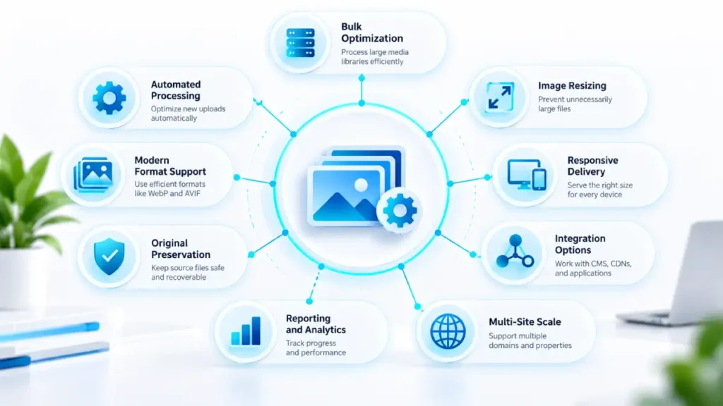 Enterprise image optimization requirements including automation, bulk processing, format support, integration, reporting, and scalability