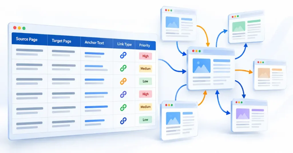 Internal linking matrix structure connecting source pages to target pages