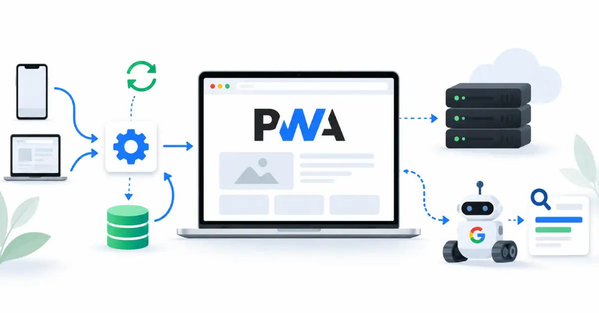 PWA SEO service workers showing service worker caching, rendering, crawling, and indexing
