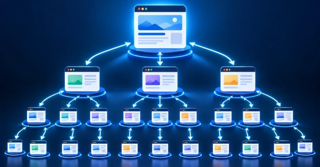 Tiered Link Graph Architecture showing link equity flowing from lower tiers to an enterprise domain.