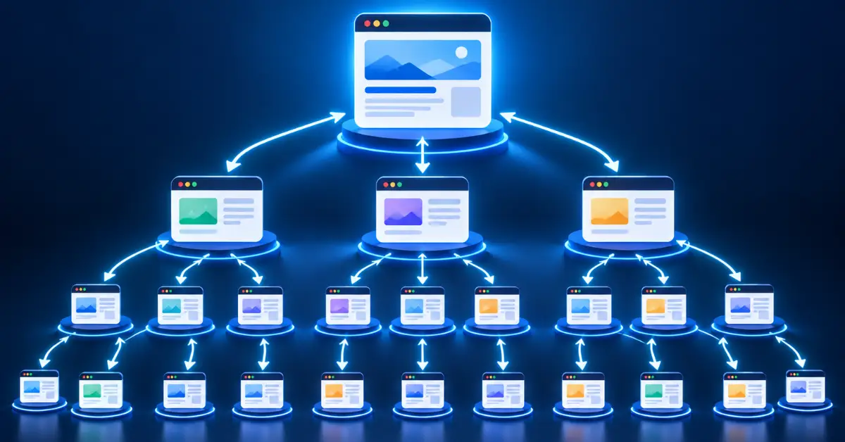 Tiered Link Graph Architecture showing link equity flowing from lower tiers to an enterprise domain.