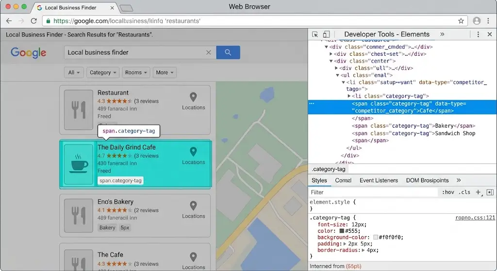 Inspecting competitor Google Business Profile secondary categories using browser developer tools.