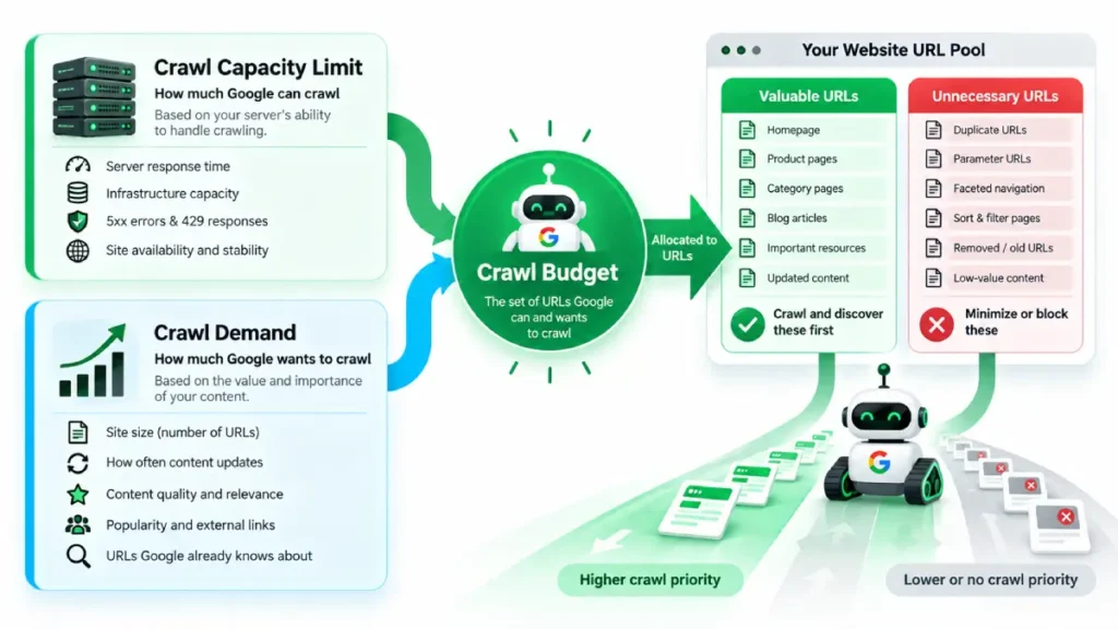 Crawl budget model showing crawl capacity limit and crawl demand