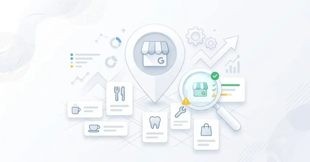 Conceptual diagram illustrating a GBP category audit process for local SEO optimization.