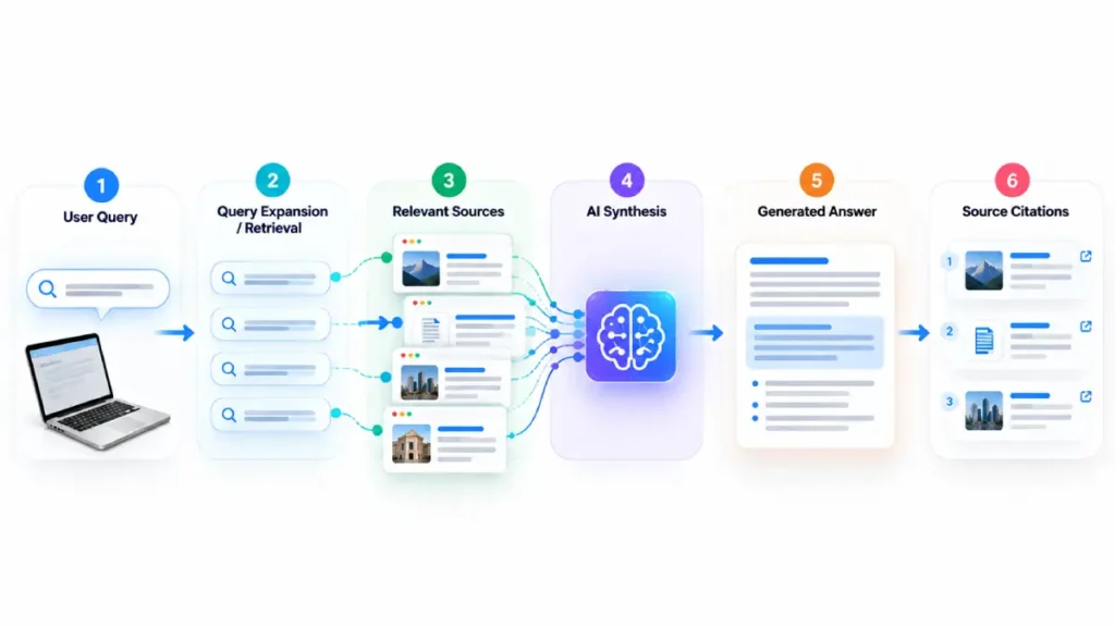 Diagram showing the generative search process from user query through retrieval, synthesis, and citations