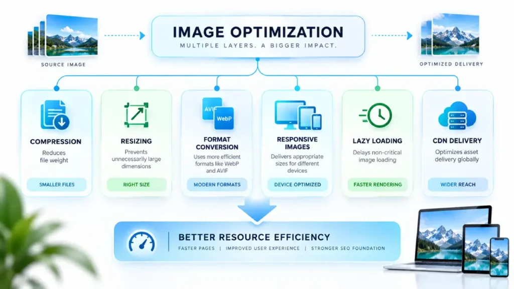 Image compression as one component of a complete image optimization strategy including resizing, format conversion, responsive delivery, and CDN optimization