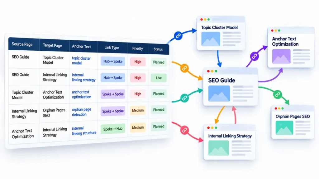 Internal linking matrix structure connecting source pages to target pages