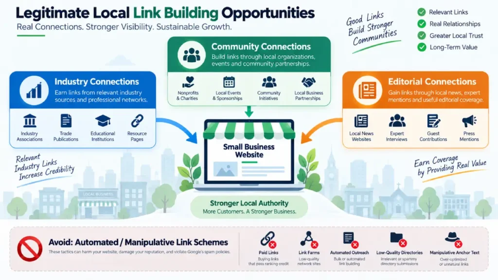 Framework showing community, industry, and editorial opportunities for local link building.