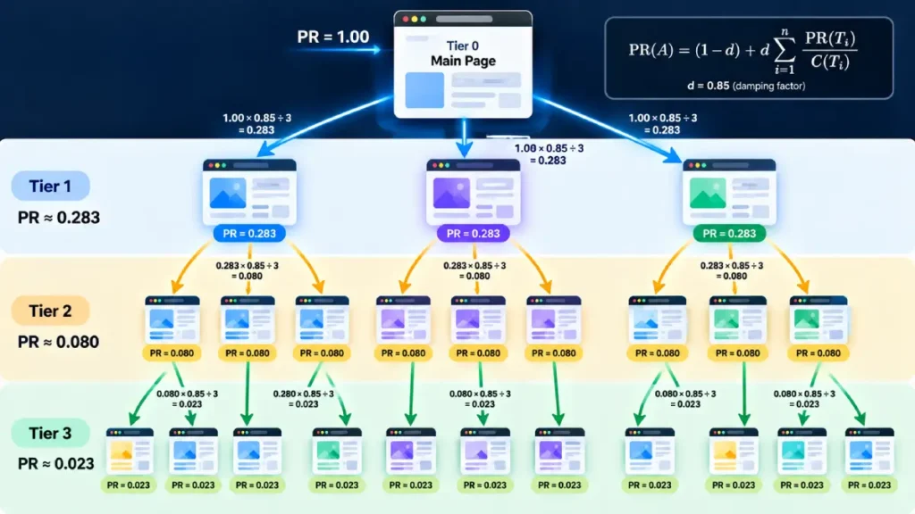 Flowchart illustrating PageRank pass-through and mathematical decay across a multi-layered link graph network.