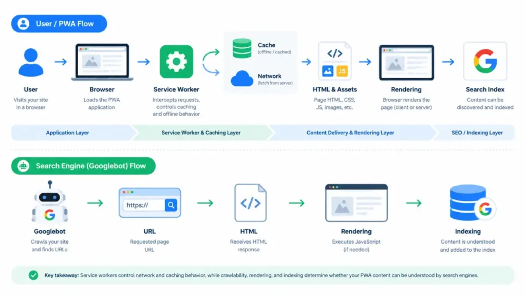 PWA service worker architecture showing cache, network, rendering, and search indexing paths