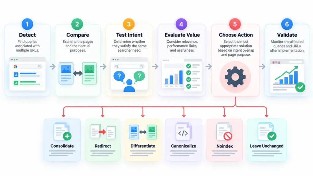 Six-step search intent cannibalization workflow from detecting competing URLs through validation