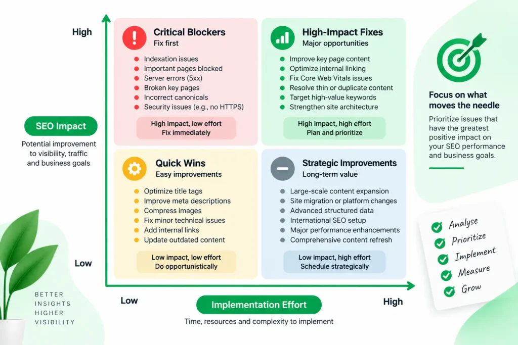 SEO audit priority matrix comparing search impact and implementation effort