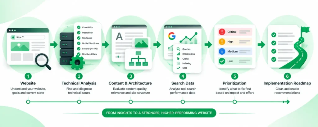 SEO audit workflow from website analysis to prioritized implementation roadmap
