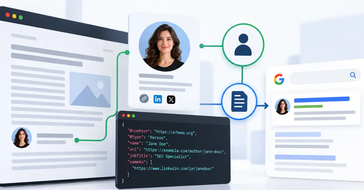 Diagram illustrating author bio schema connecting a Person profile to article structured data