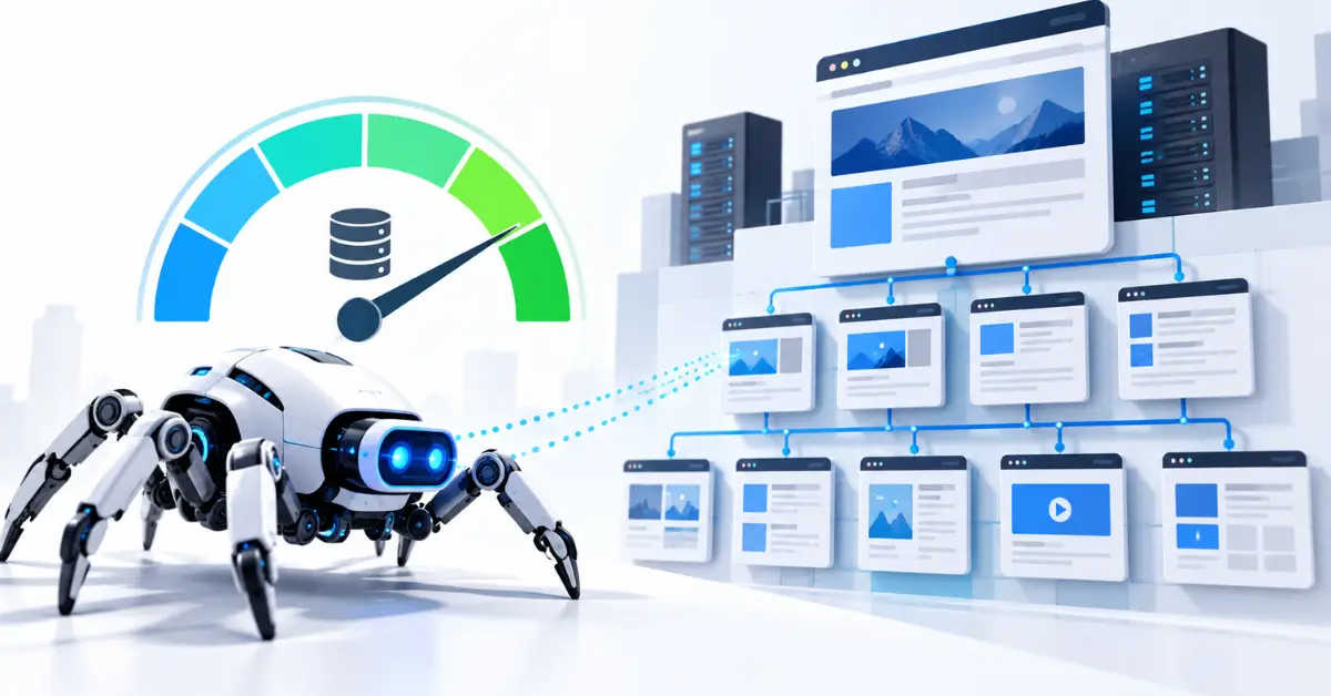 Dashboard visualization displaying enterprise crawl budget metrics and server response analysis for SEO optimization.