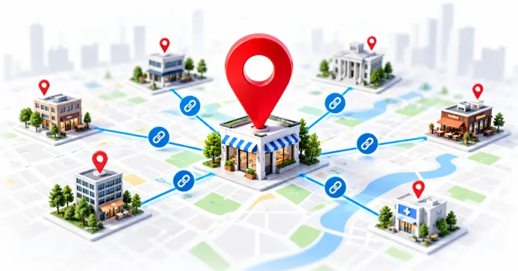 Hyperlocal link building network diagram showing neighborhood backlink connections to a central business entity.