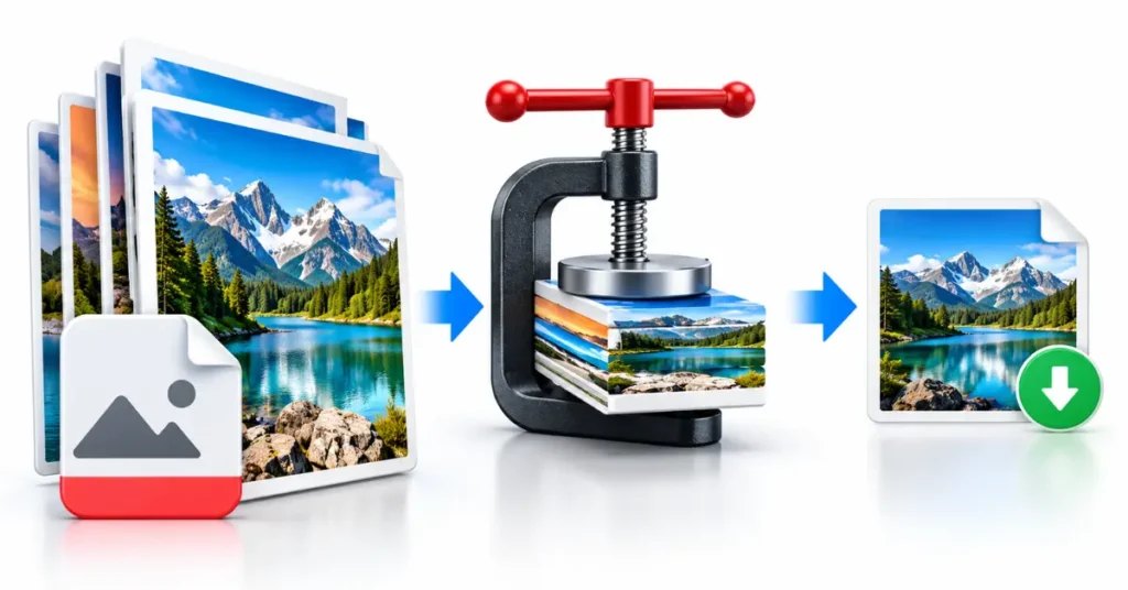 Conceptual illustration of image compression software processing visual assets for search engine optimization.