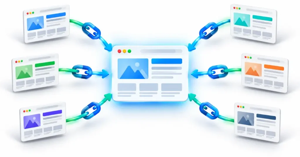 Technical visualization of link equity distribution and PageRank flow across an enterprise website architecture.