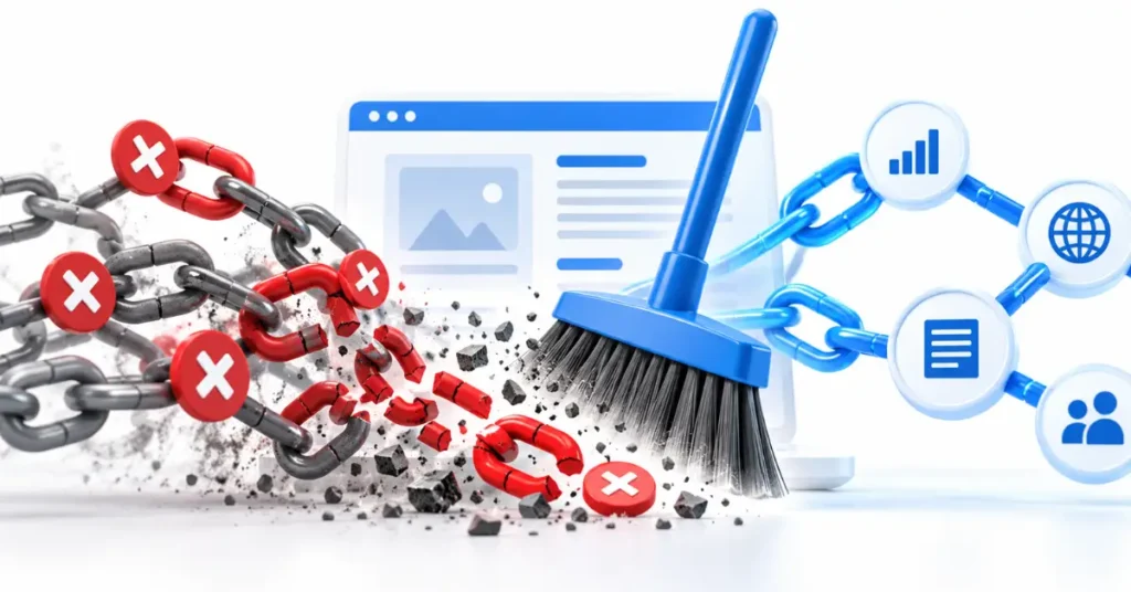 Digital network graph showing a security shield neutralizing toxic red Link Spam Fix.