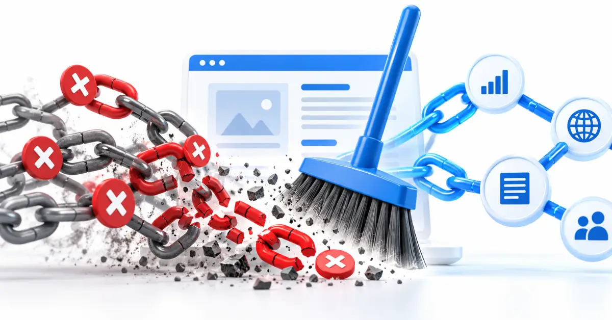 Digital network graph showing a security shield neutralizing toxic red Link Spam Fix.