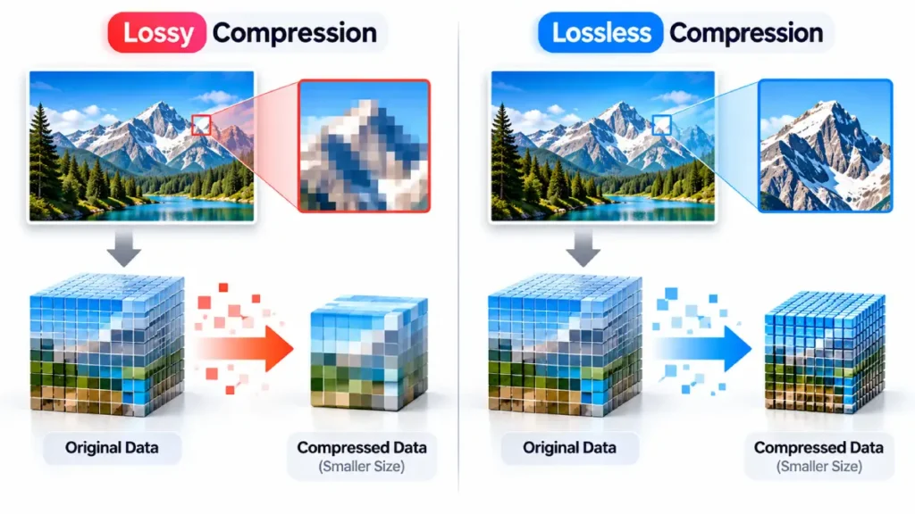 Diagram showing lossy vs lossless image compression workflows and metadata removal.