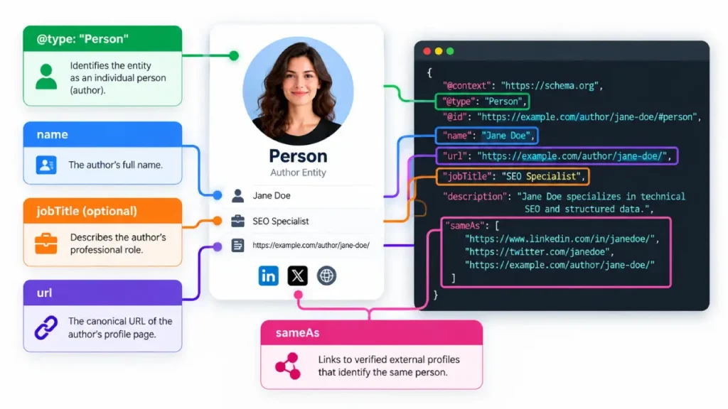 Diagram of Person schema properties used to identify an author.