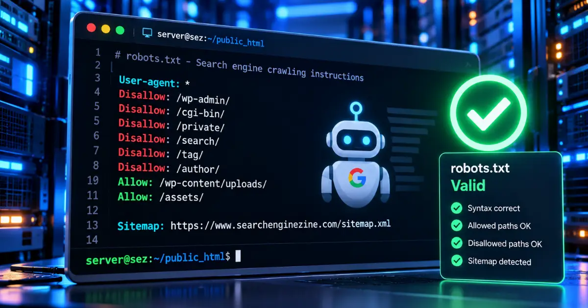 A technical display of clean robots txt syntax code and server directives on a terminal screen.