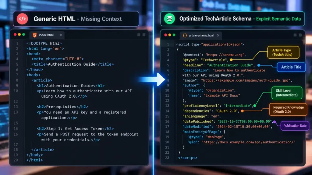 A code snippet comparison highlighting correct TechArticle schema implementation for developer guides.