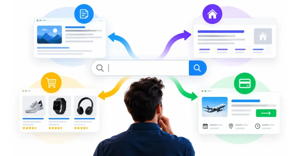 Conceptual diagram illustrating the six classifications of search intent in modern SEO