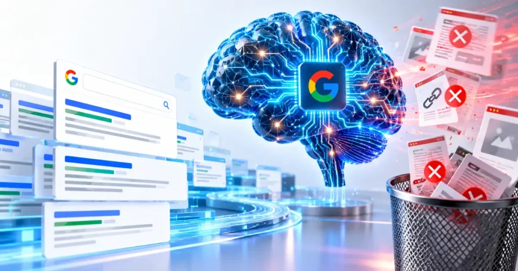 Abstract digital illustration representing Google SpamBrain AI Updates filtering web spam and analyzing search links.