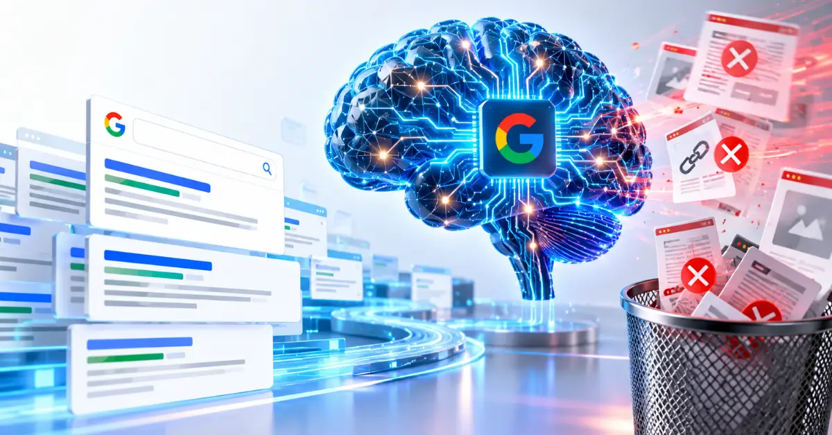 Abstract digital illustration representing Google SpamBrain AI Updates filtering web spam and analyzing search links.