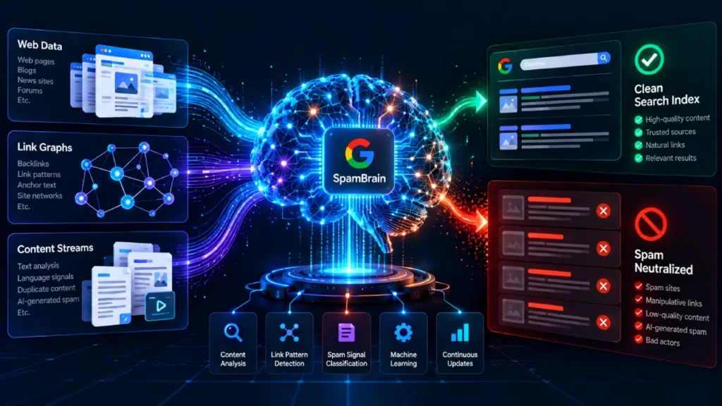 Diagram showing SpamBrain AI processing web signals, link networks, and content to filter out search spam.