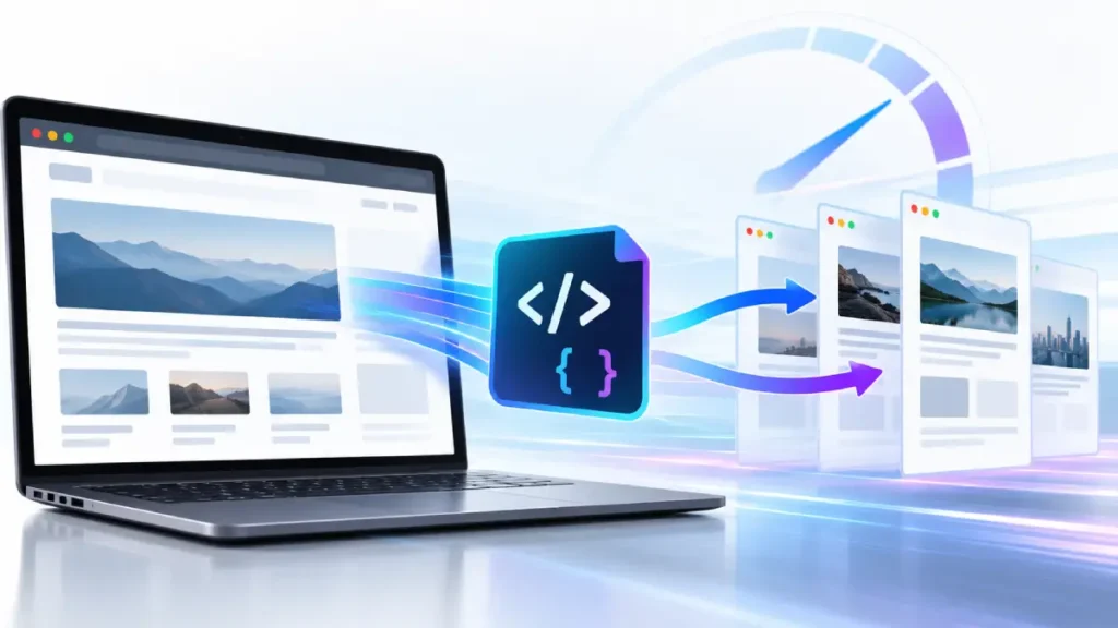 Conceptual illustration of the Speculation Rules API powering instant web page transitions and Core Web Vitals optimization.