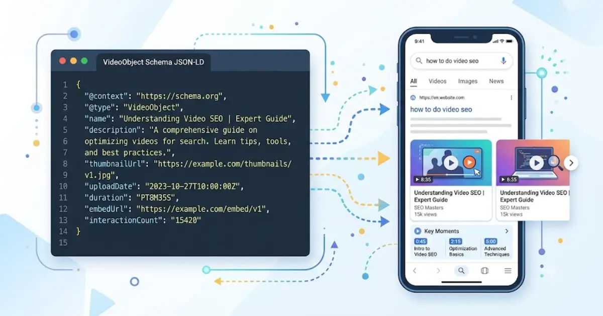 Code editor displaying Video Object schema alongside a mobile search results preview featuring video rich snippets and key moments.