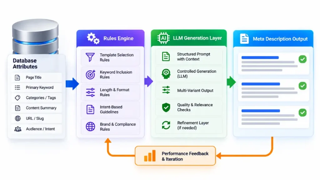 Visualizing the hybrid programmatic pipeline combining database attributes, conditional rules engines, and controlled LLM generation layers