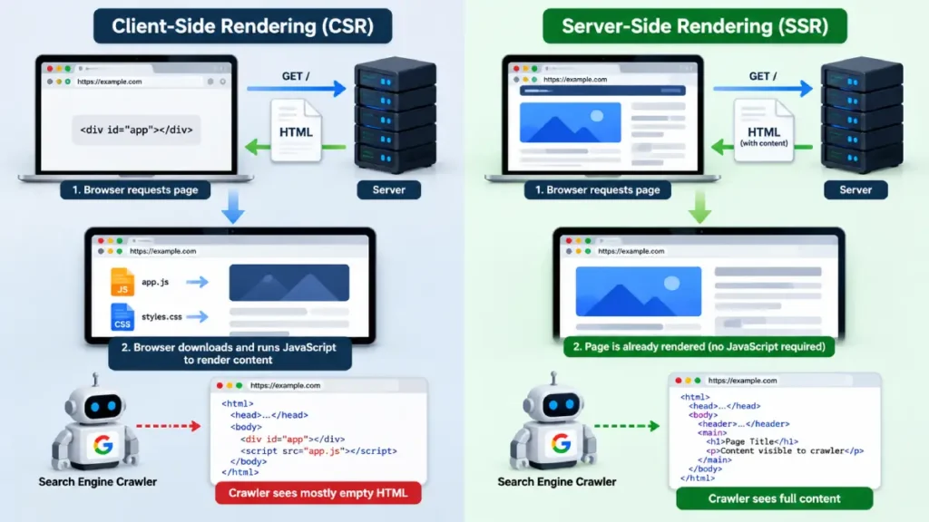 Comparison diagram illustrating browser client-side rendering versus server-side rendering pipelines for search engine crawlers.