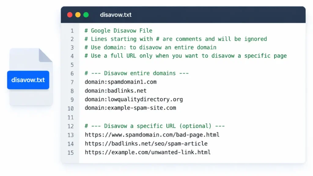 Code snippet showing how to properly use the domain operator in a Google disavow text file.