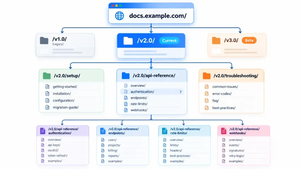 A flowchart illustrating hierarchical URL structuring for multi-version API documentation portals