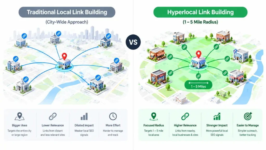 Comparison diagram contrasting traditional city-wide local link building against 1-to-5-mile hyperlocal backlink acquisition.