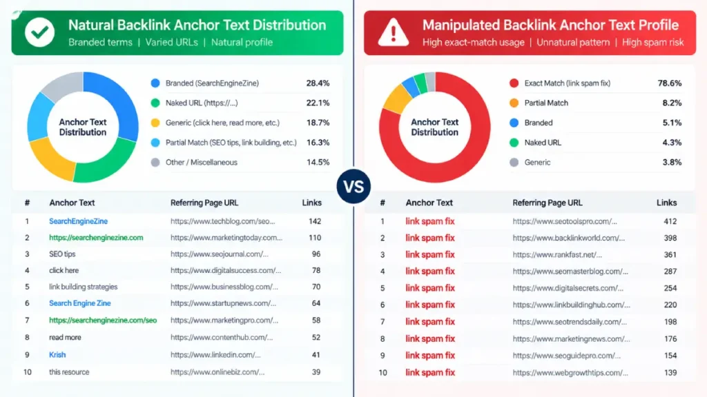 Comparison chart showing natural branded anchor text versus toxic exact-match commercial anchor text.