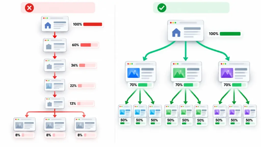 Flowchart comparing linear site architecture with an optimized hub-and-spoke model for link equity distribution.