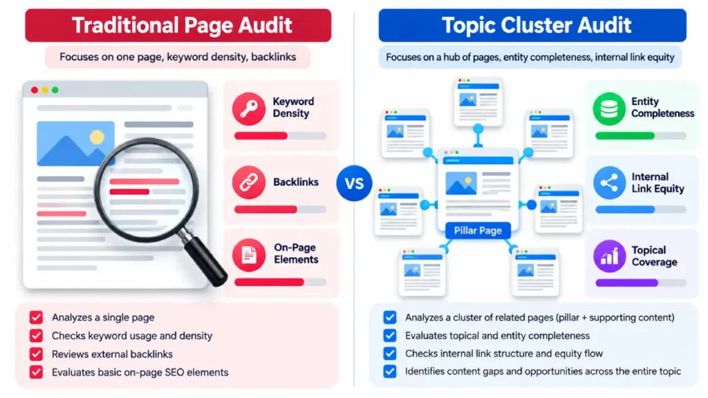 Comparison between traditional page-level SEO audits and holistic topic cluster audits.