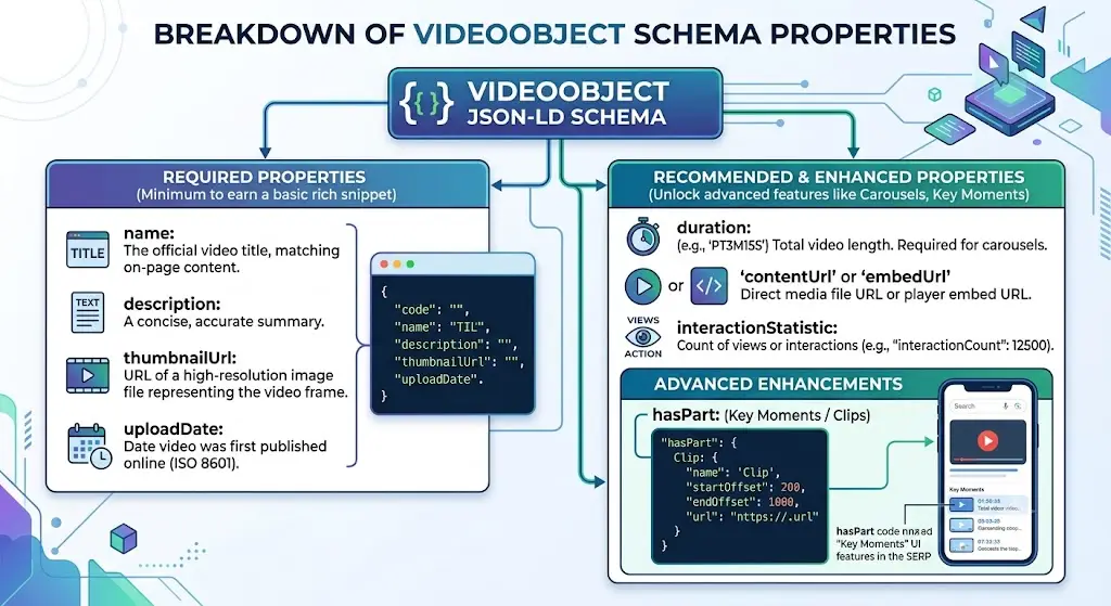 Diagram breaking down required and optional properties of a Video Object JSON-LD schema block.